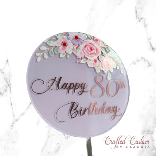 Vintage Floral 6” Birthday Cake Topper (Acrylic)