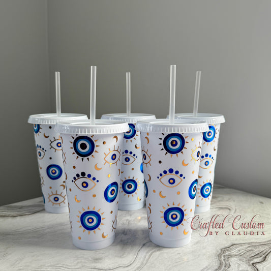 Evil eye plastic cold cup tumbler made with permanent vinyl | front photo